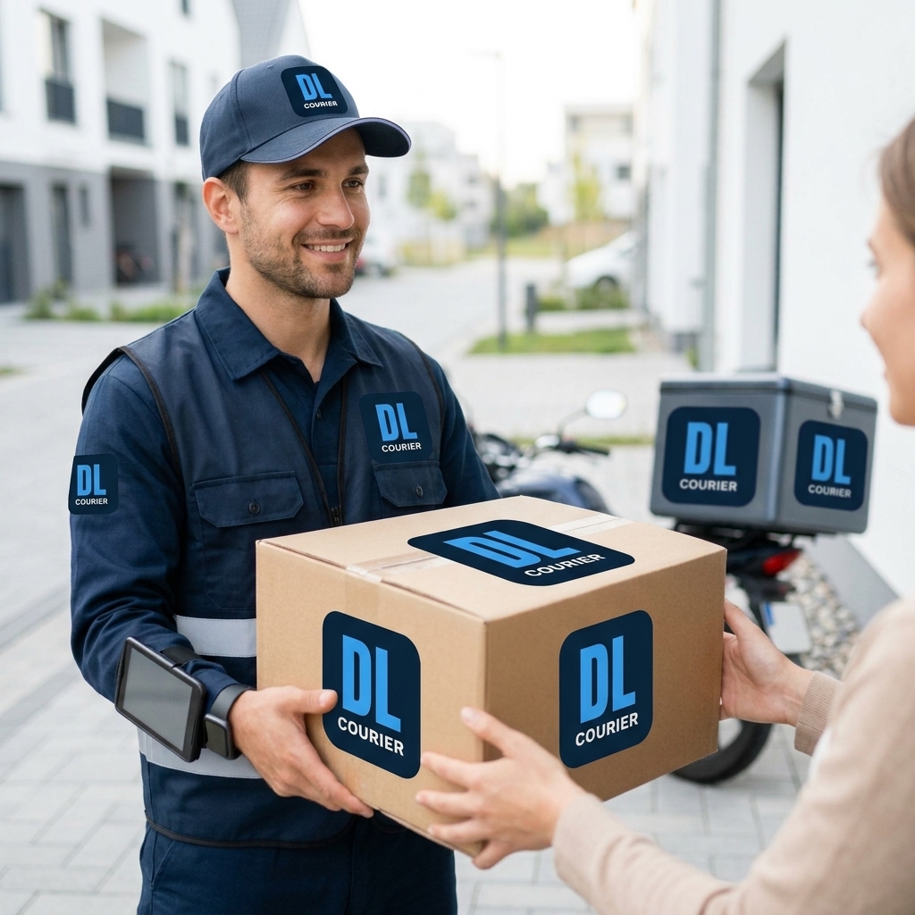 Motorizado de DL Courier entregando un paquete en la puerta